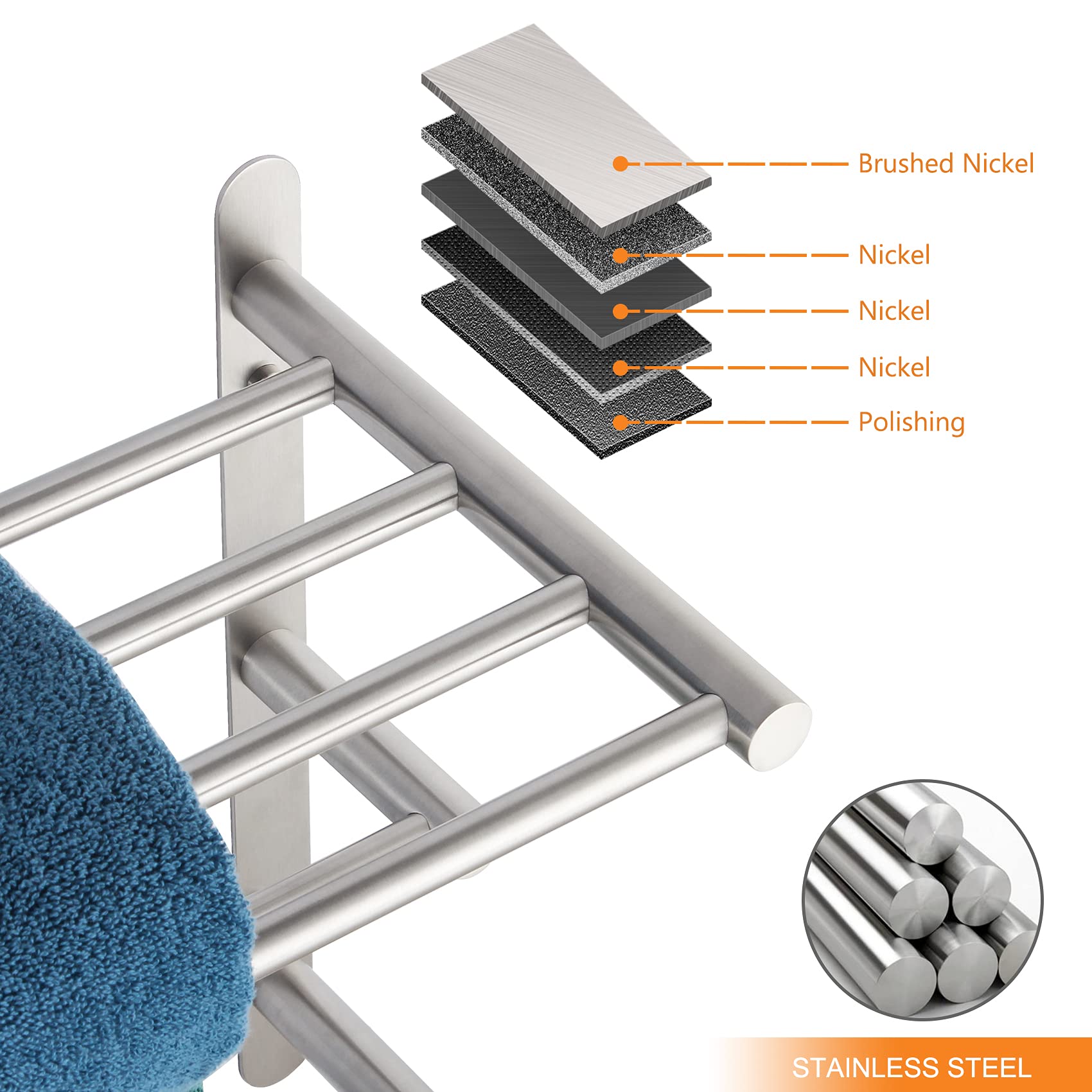 KOKOSIRI 3 Tier Bath Towel Bar 24 Inch Wall Mounting Rack with Towel Bars Towel Shelf with Single Towel Bar Bathroom Ladder  Brushed Steel  B5003BR